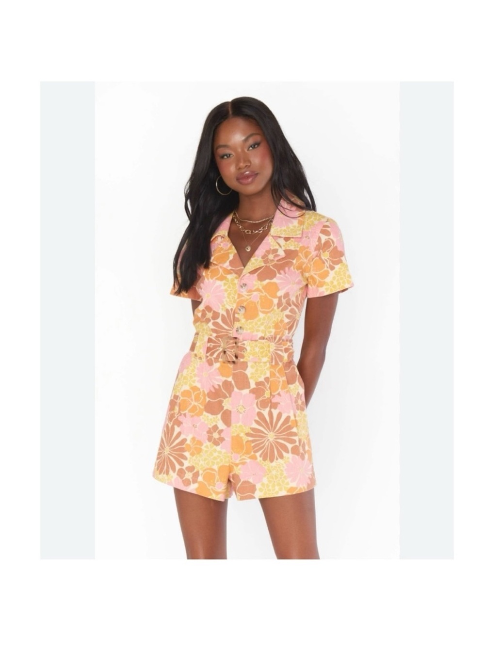 Floral Short Sleeve Belted Romper in Pink & Orange, Show Me Your Mumu, size XL - Picture 2 of 4